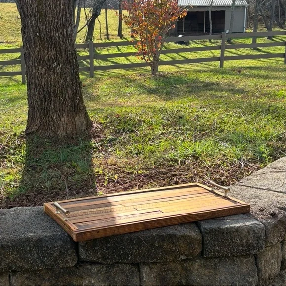 Reclaimed Tobacco Stick Serving Tray With Brushed Nickel Handles – 25” x 12”